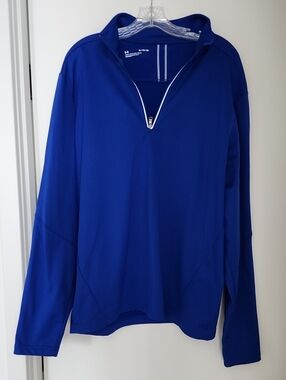 Men's Blue Quarter Zip Jacket. White Sleeve Stripe. No Pockets.
